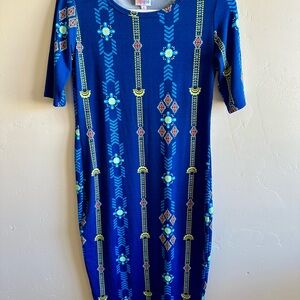 LuLaRoe Blue Midi Sheath Dress Crew Neck